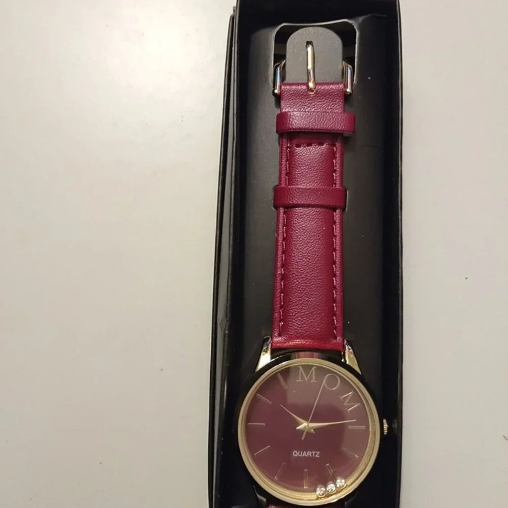 Avon Sentimental Strap Watch For Mom With Burgundy Faux Leather Band & Gold-Tone